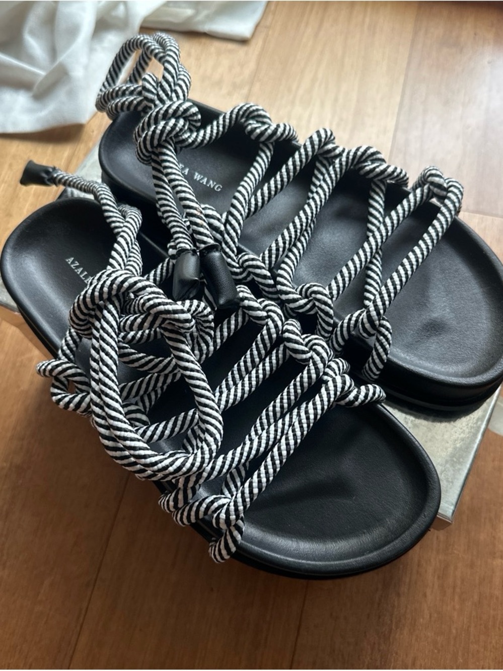 AZALEA WANG Black Sandals with Black & White Rope Straps